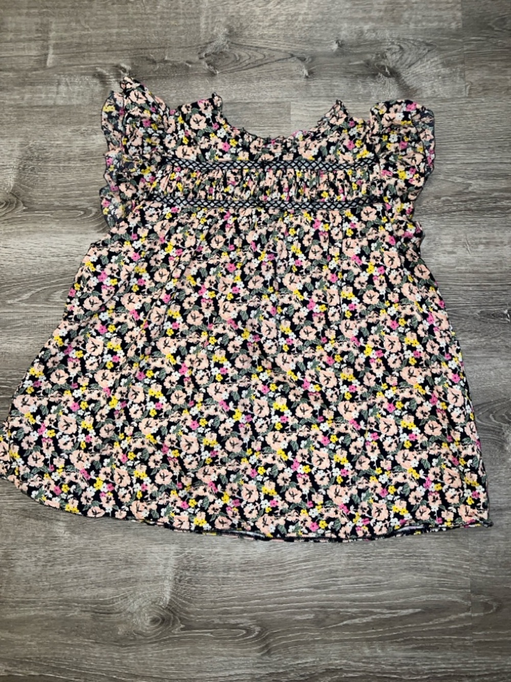 Lane Bryant Black Floral Smocked Flutter Sleeve Top with Pink & Yellow Accents